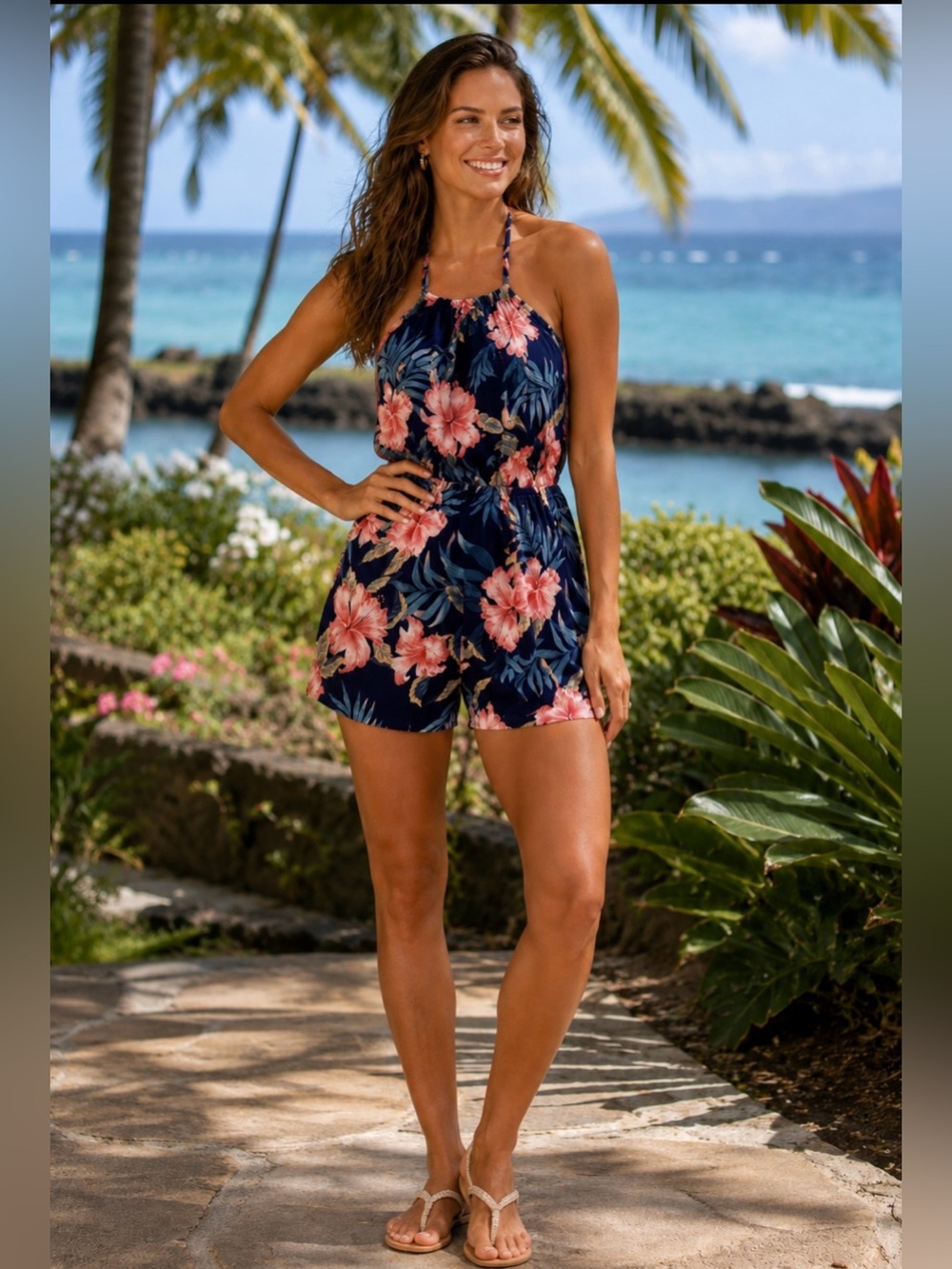 Girls Navy Floral Halter Romper - Pink & Navy-Never Used, No Tag.